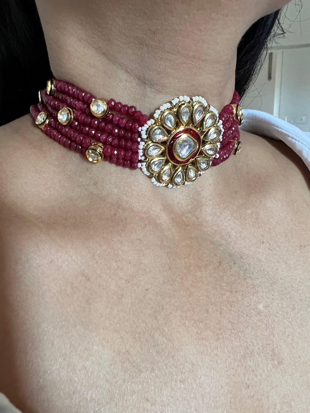 Ruby Kundan Flower Choker Necklace with Studs - SHIVKA
