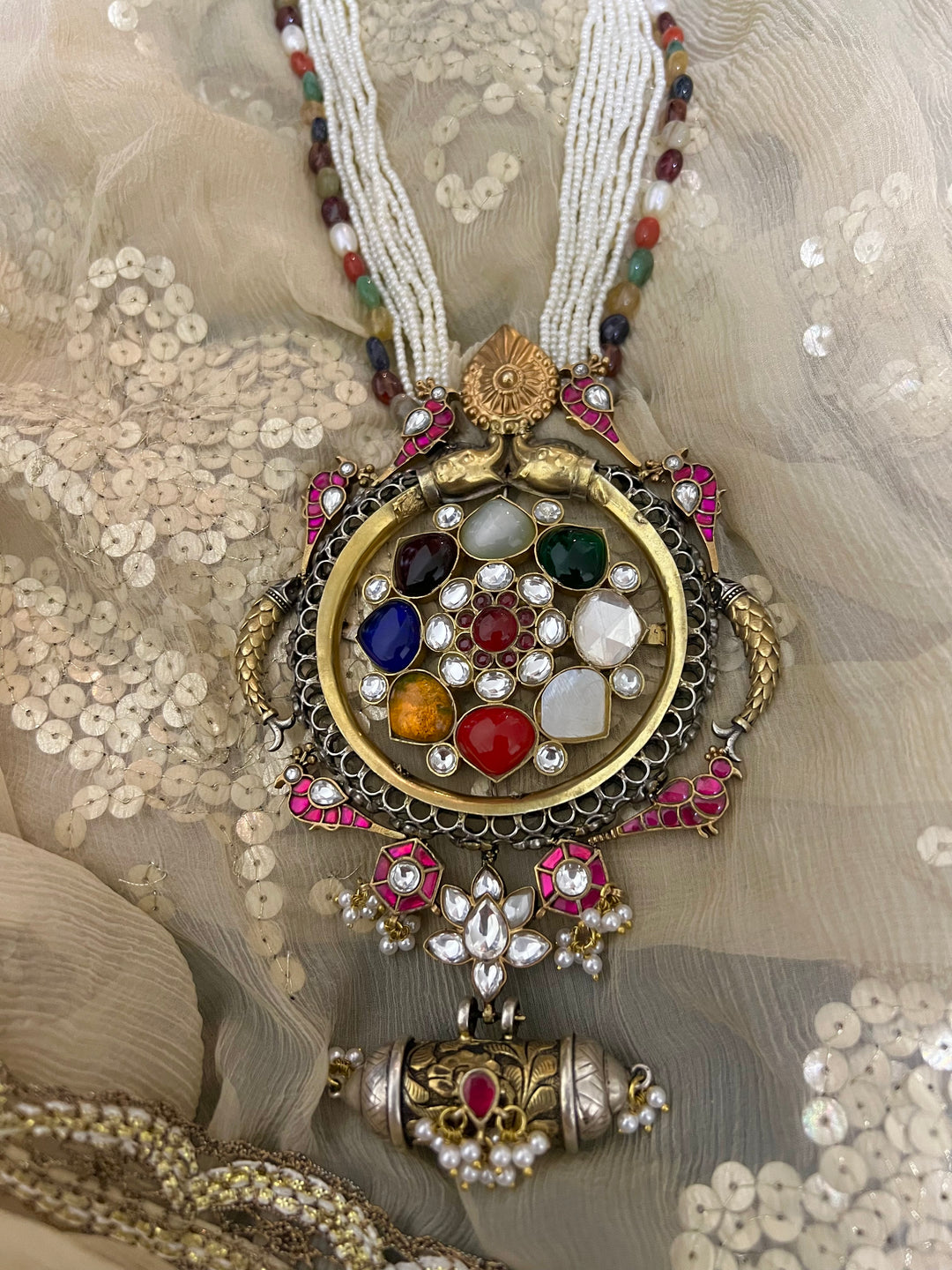 Pure Silver Real Navratna Beads Pendant Necklace