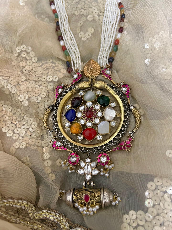 Pure Silver Real Navratna Beads Pendant Necklace