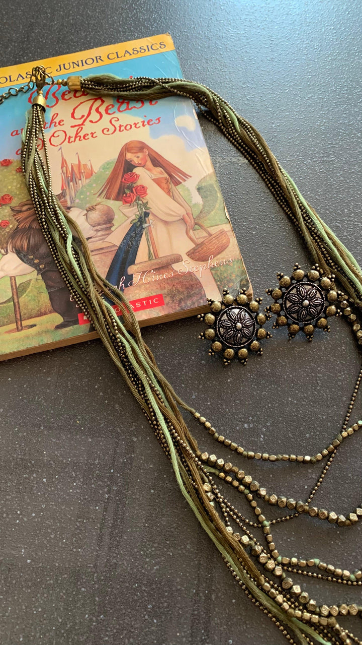 Olive Green and Antique Gold Beaded Long Necklace with Brass Studs - SHIVKA