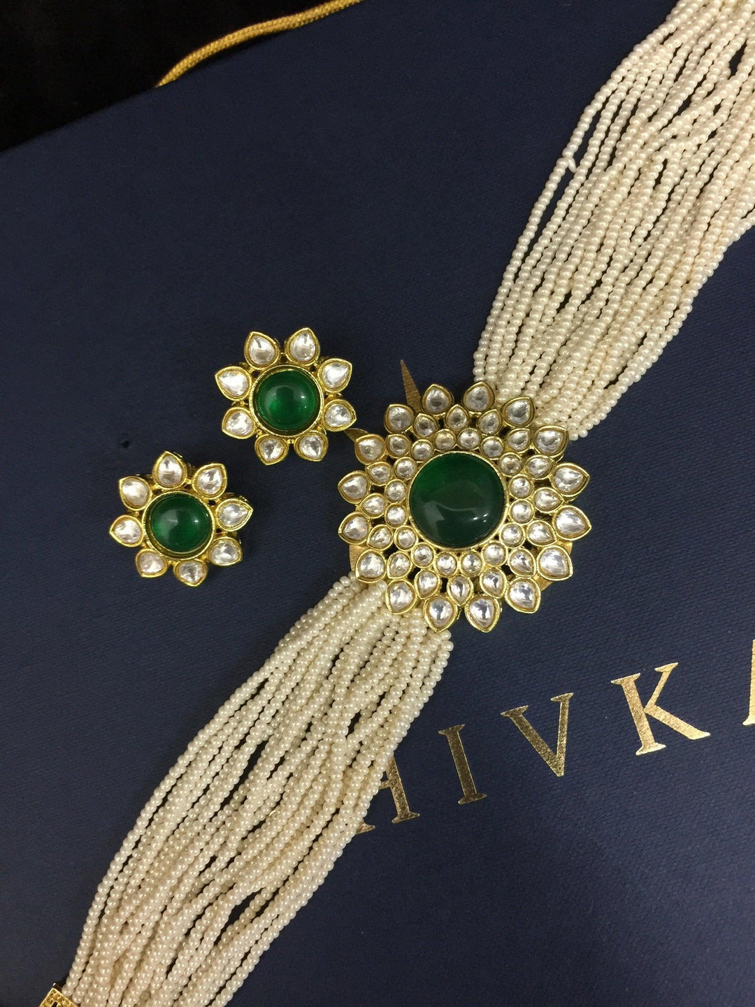 Green Kundan and Pearl Choker with Earrings - SHIVKA