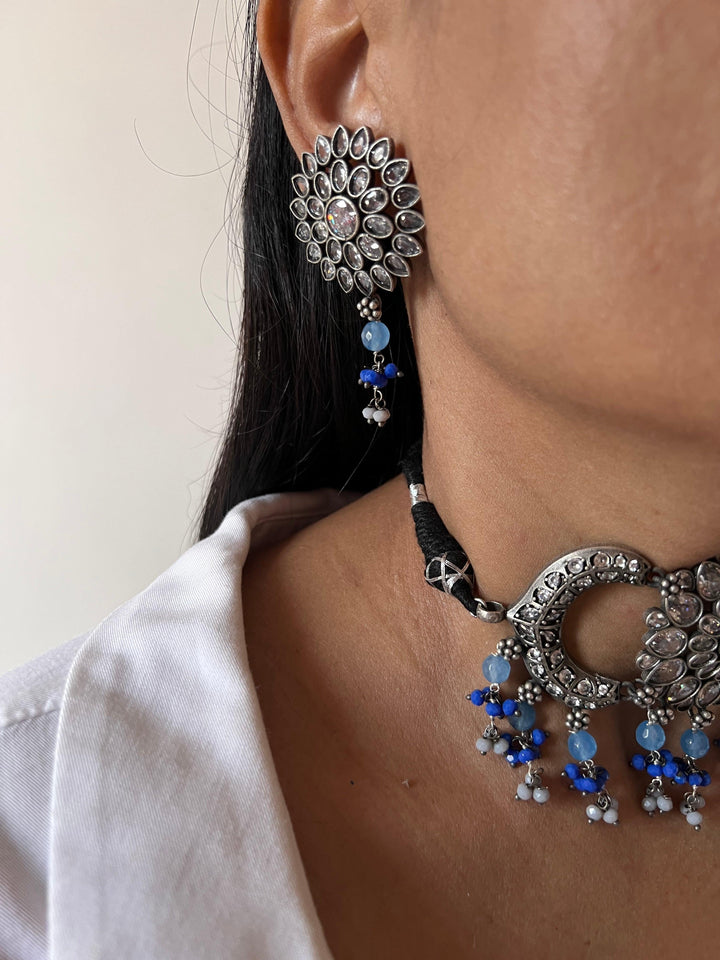 Vintage Zirconia Choker with Flower Stud Earrings - SHIVKA