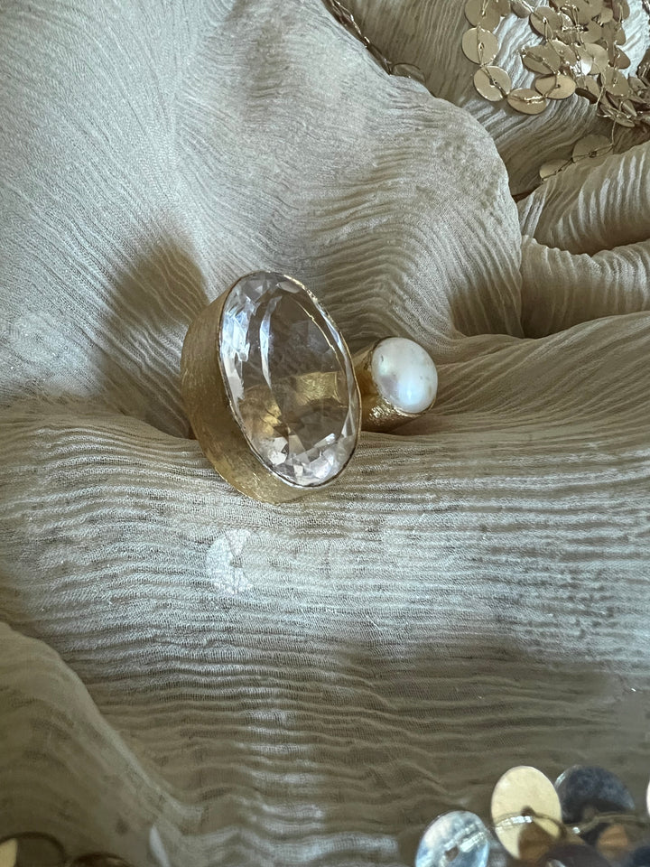 Quartz Crystal & Pearl Designer Ring | US Size 7 | Gold-Plated Statement Ring by SHIVKA