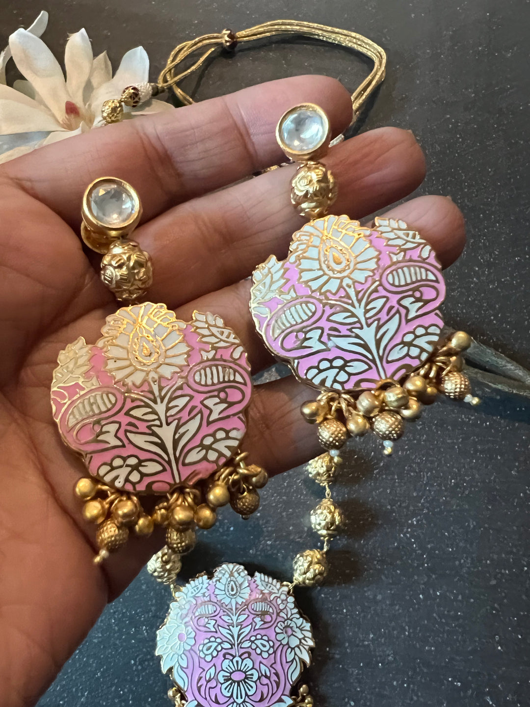 Pink & Gold Traditional Long Necklace with Earrings