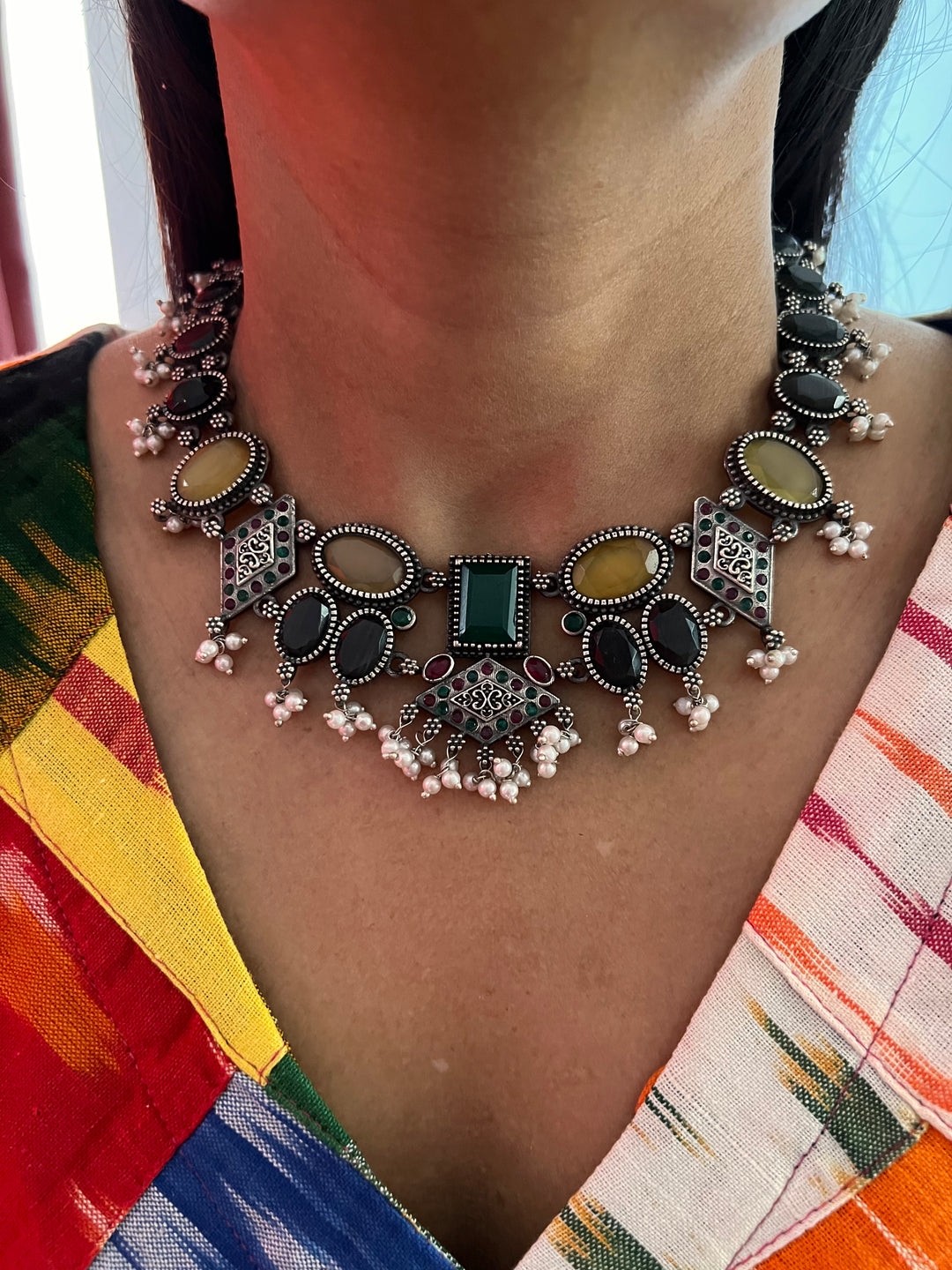 Beautiful Monalisa Stones Necklace with Jhumkis