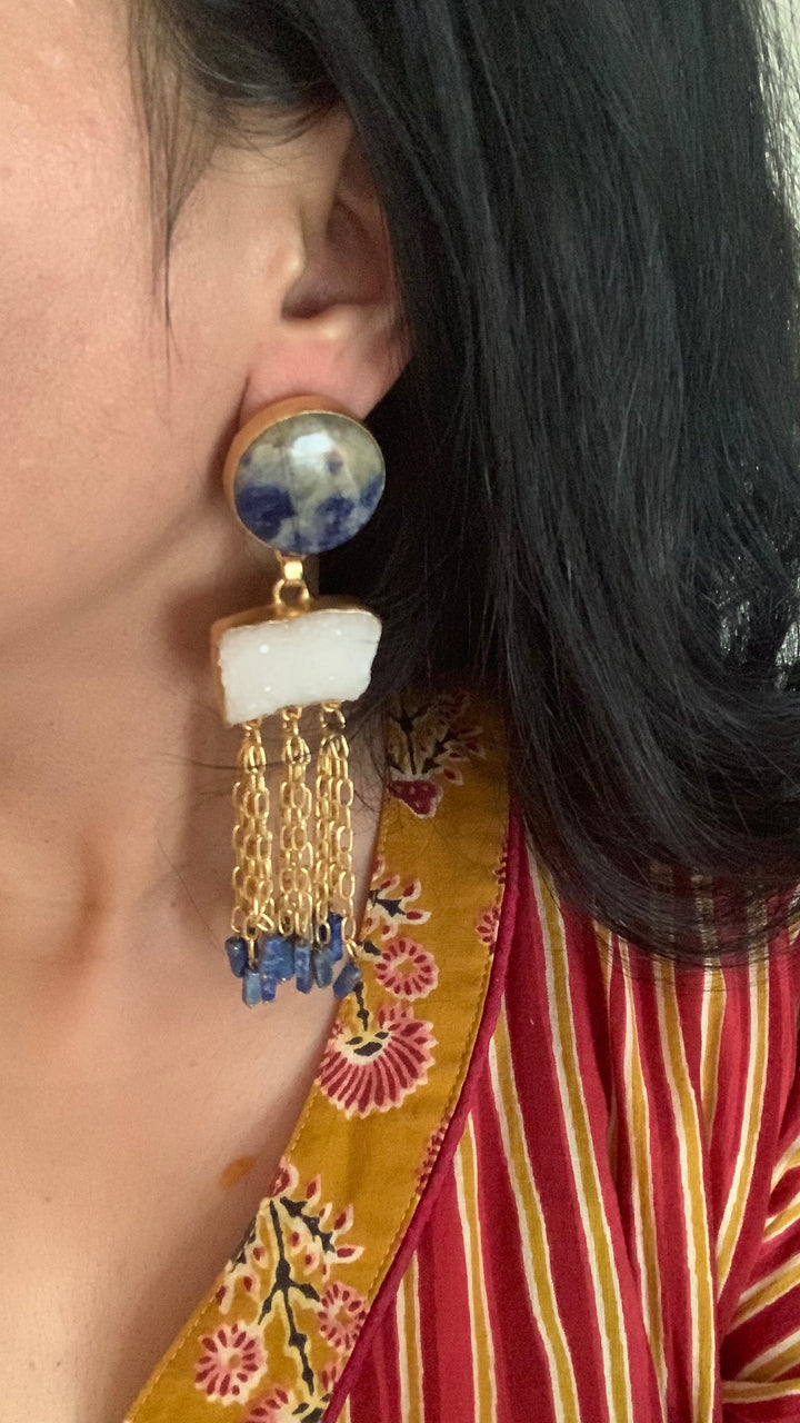 Blue and White Crystal Tasseled Long Danglers