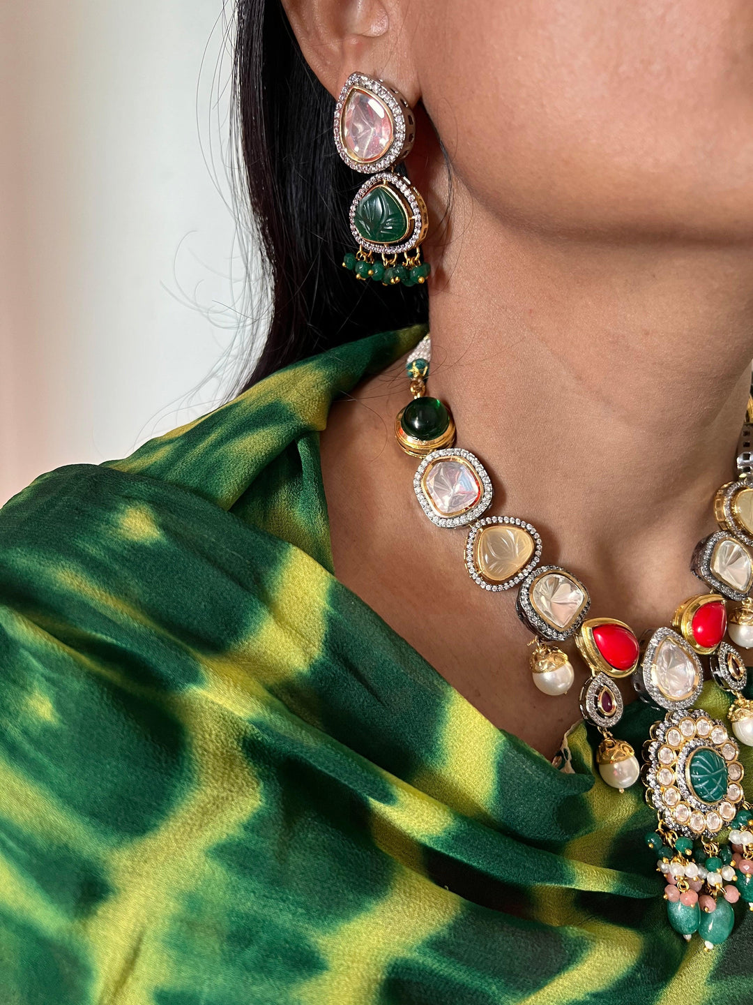 Scintillating Multicolored  Kundan Necklace with Statement Jhumka Earrings - SHIVKA