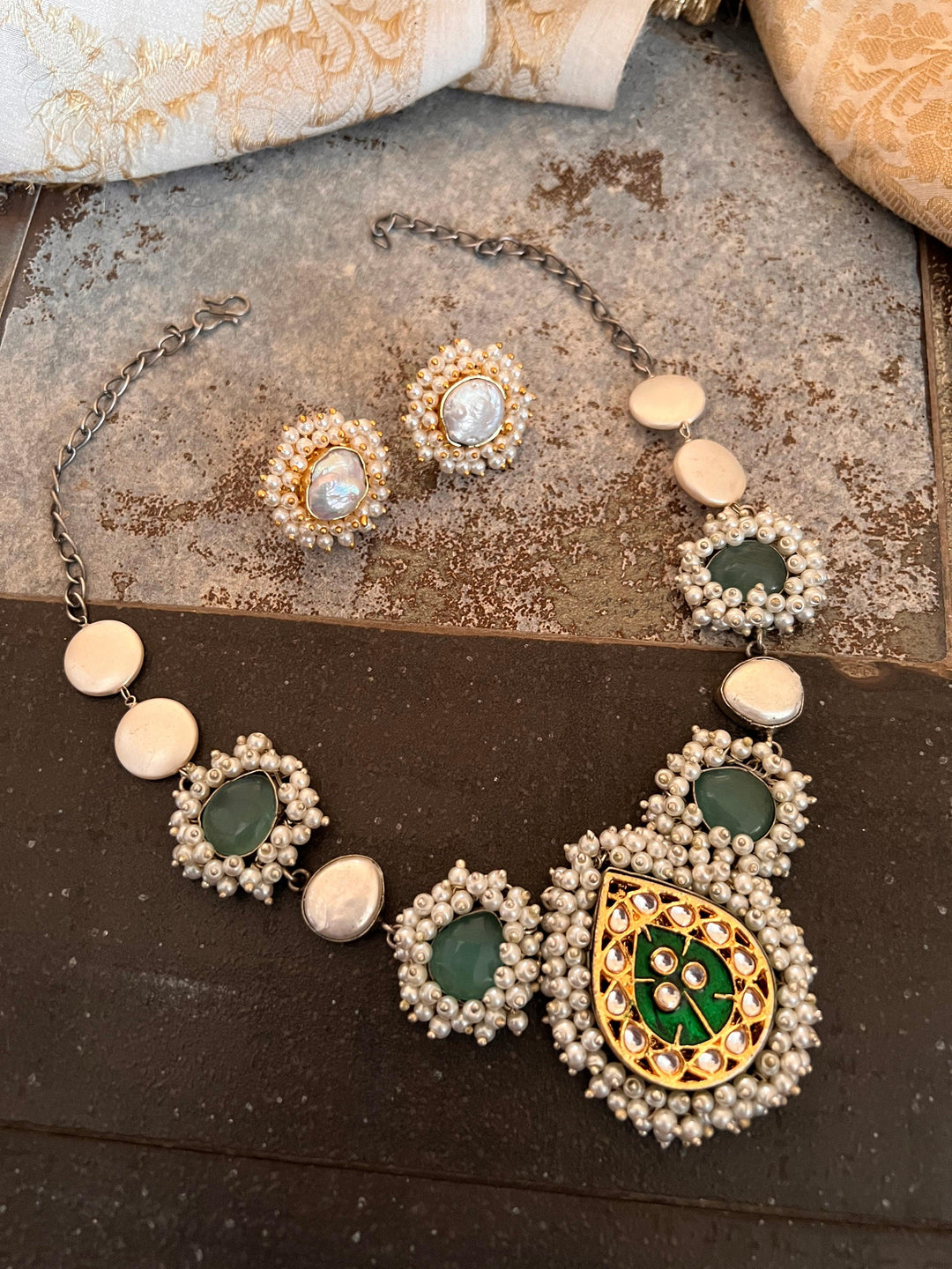 Statement Sea Green and Pearl Short Necklace with Baroque Studs - SHIVKA