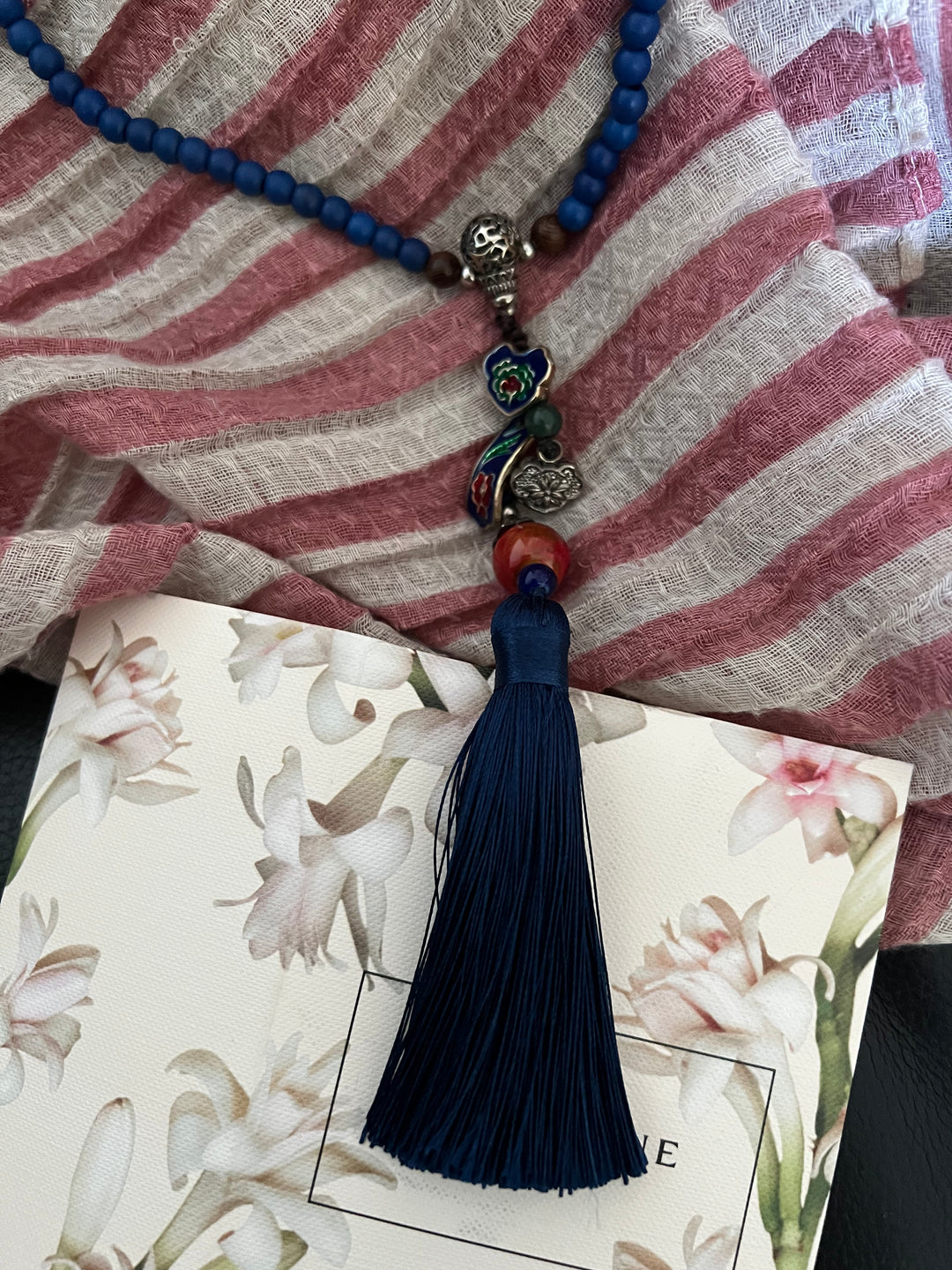 Vintage Look Enameled Pendant Necklace/ Beaded Necklace