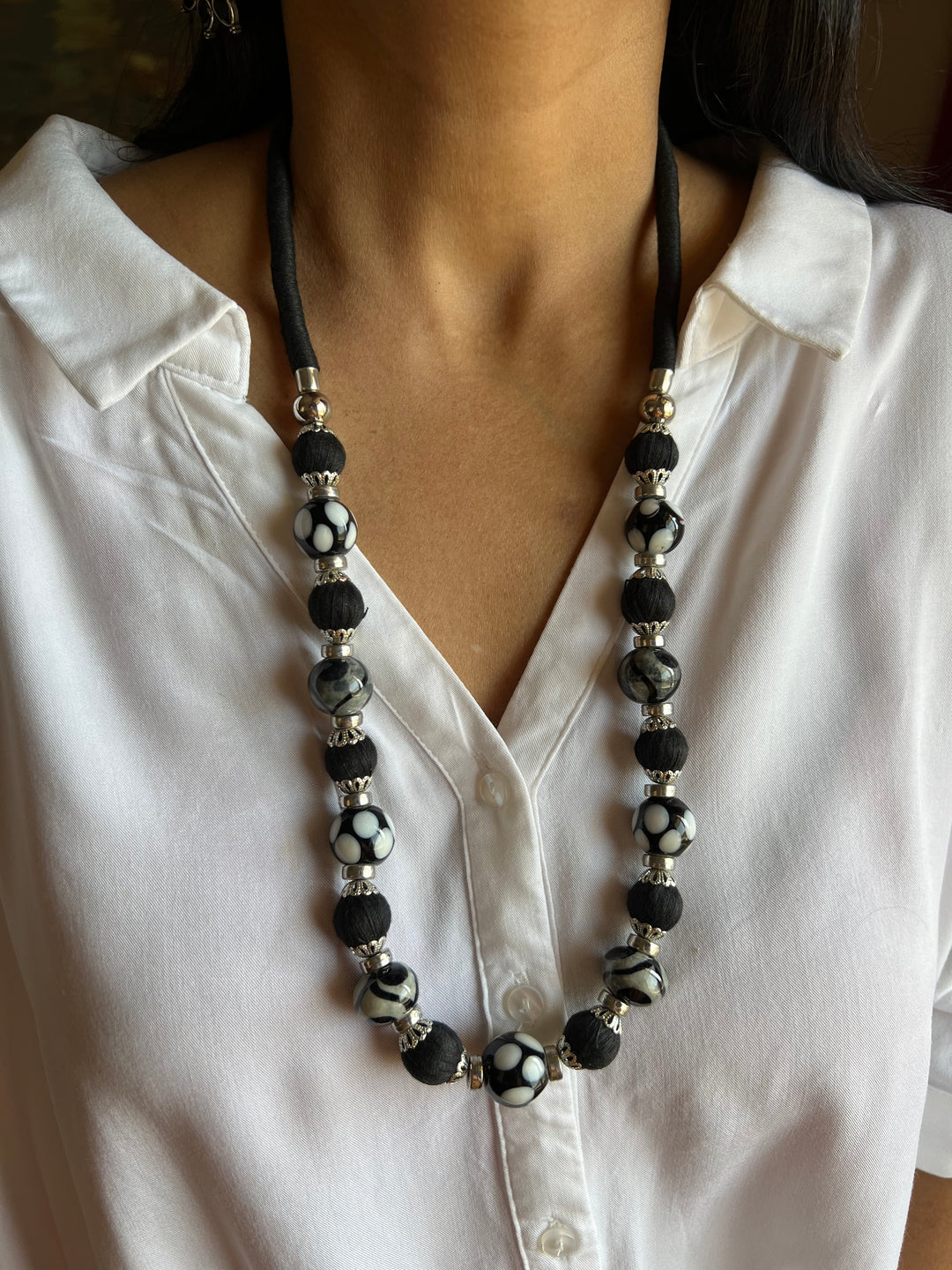 Black and Silver Beaded Necklace with Statement Earrings