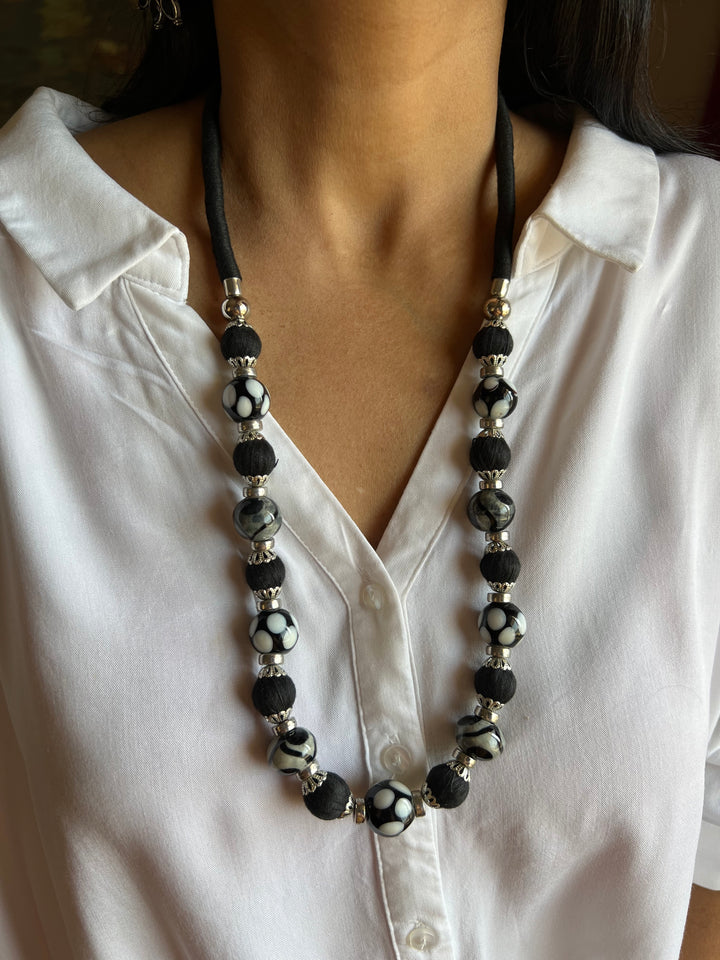 Black and Silver Beaded Necklace with Statement Earrings