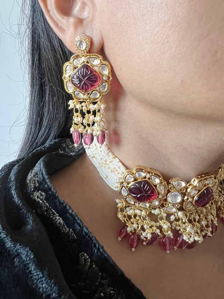 Gorgeous Carved Stone Kundan Choker with Earrings - SHIVKA