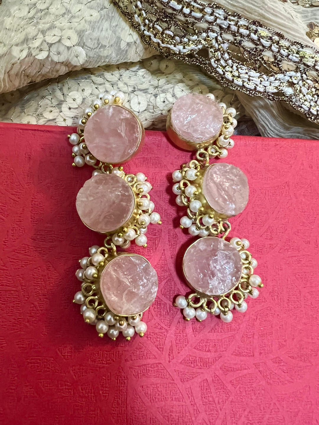 Rose Quartz Three Tier Earrings - SHIVKA