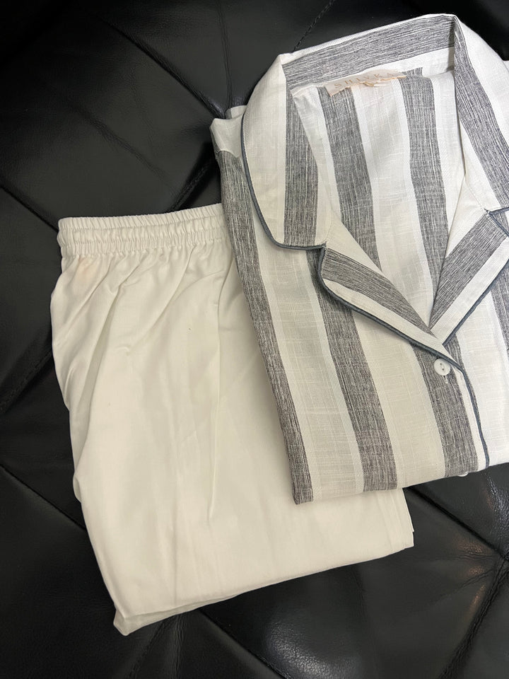 Grey and White Cotton Night Suit - Set of Two