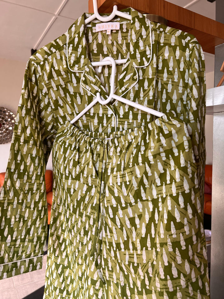 Olive Green Print Cotton Night Suit - SHIVKA