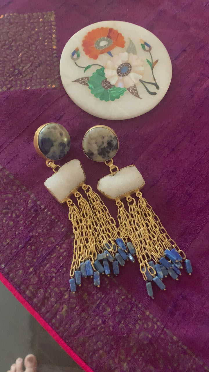 Blue and White Crystal Tasseled Long Danglers