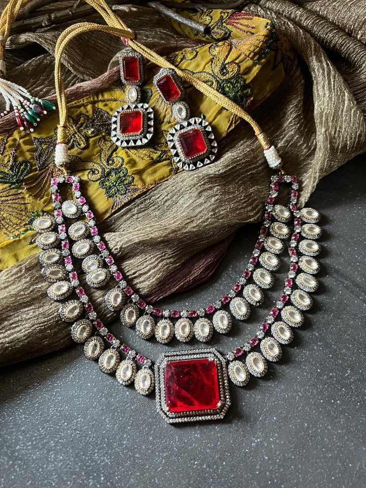 Statement CZ Polki Kundan Necklace with Earrings
