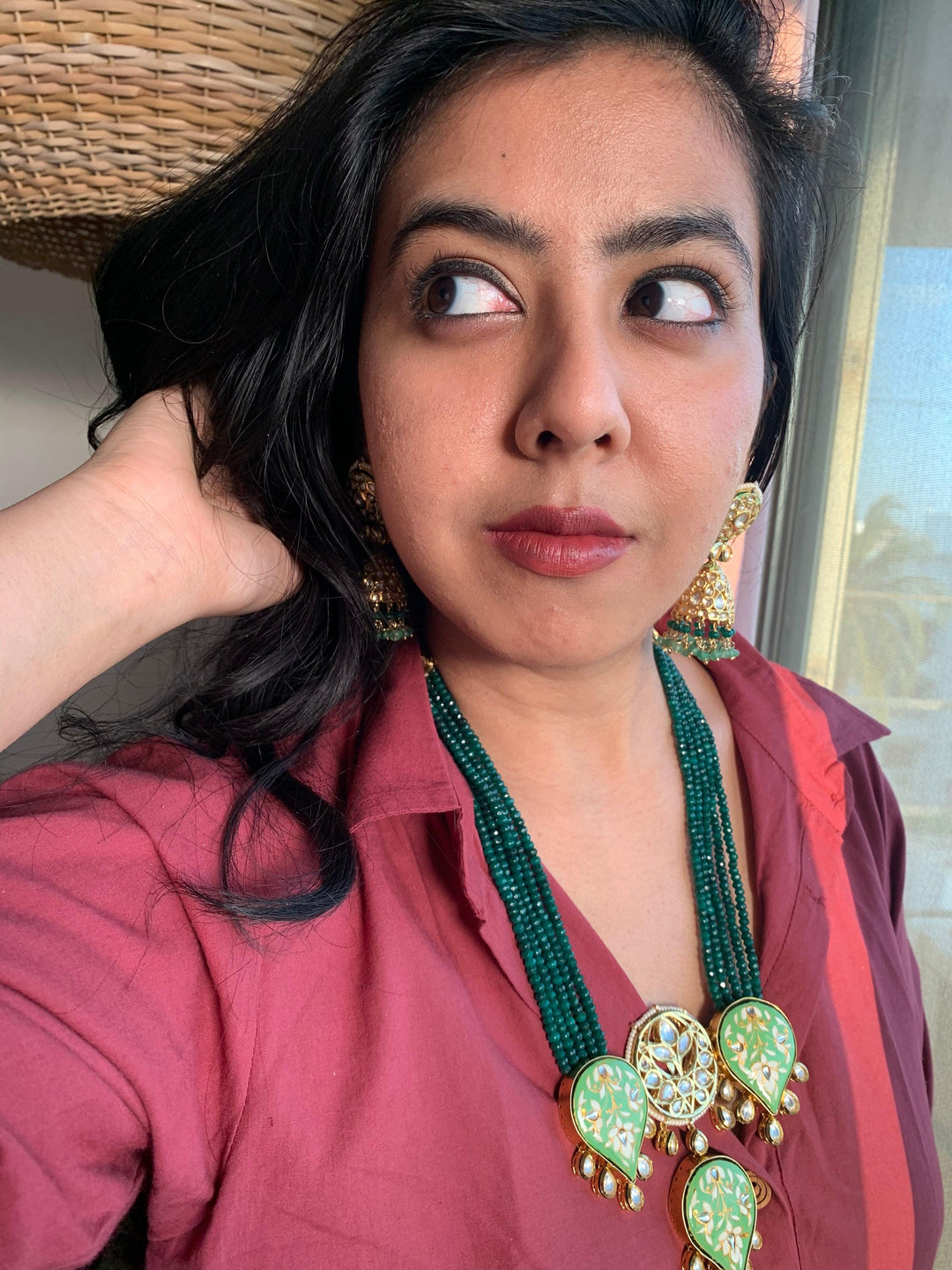 Three-Drop Green Beaded Necklace with Kundan Jhumki Earrings - SHIVKA