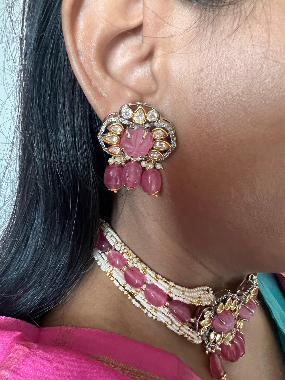 Pink Carved Stone Kundan Choker with Earrings - SHIVKA