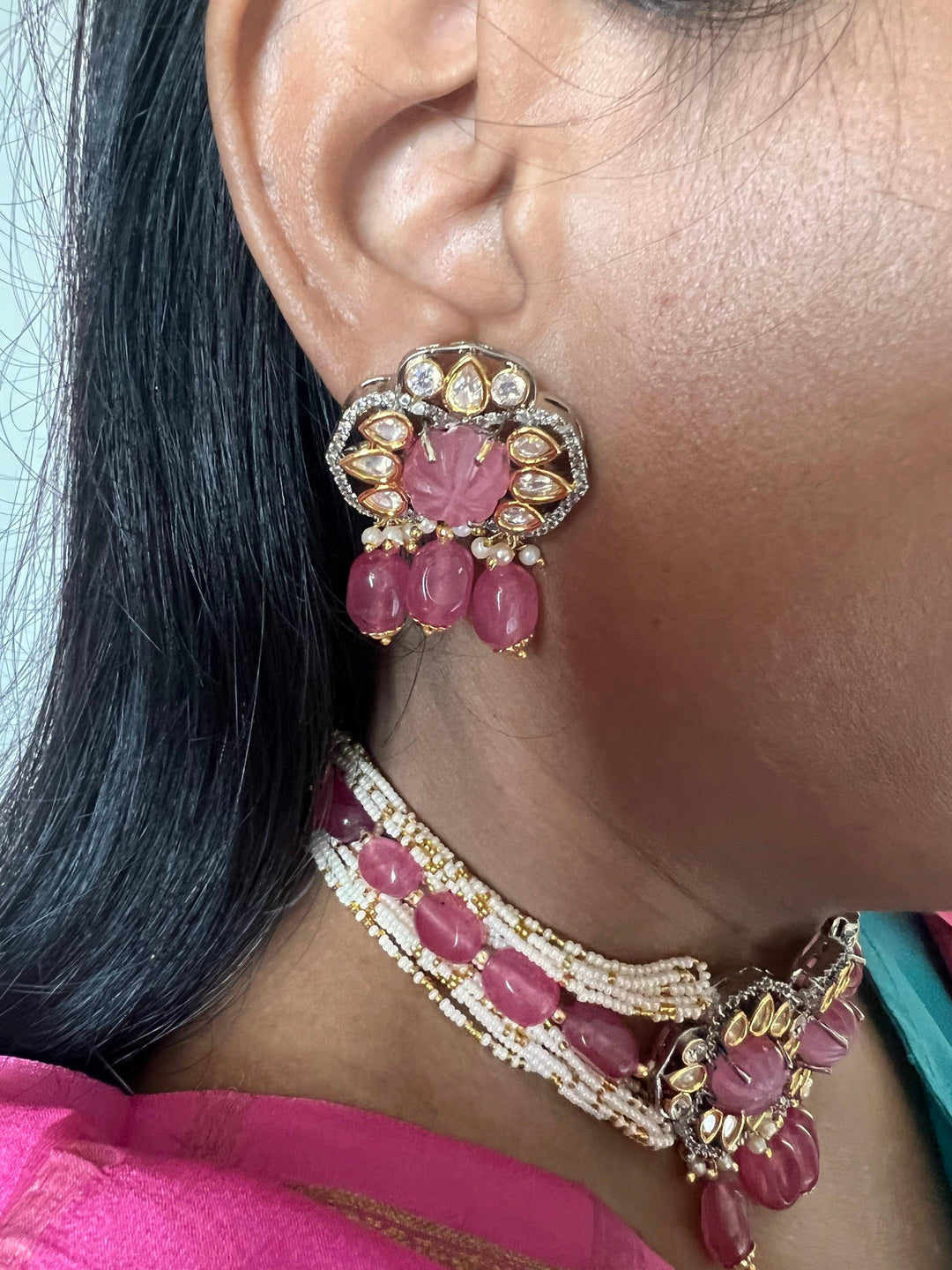 Pink Carved Stone Kundan Choker with Earrings - SHIVKA