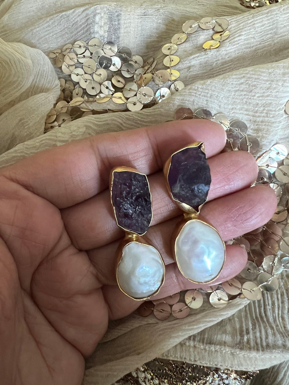 Raw Amethyst Baroque Pearls Studs - SHIVKA