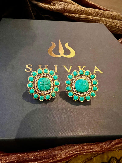 Statement Carved Turquoise and Zirconia Studs - SHIVKA