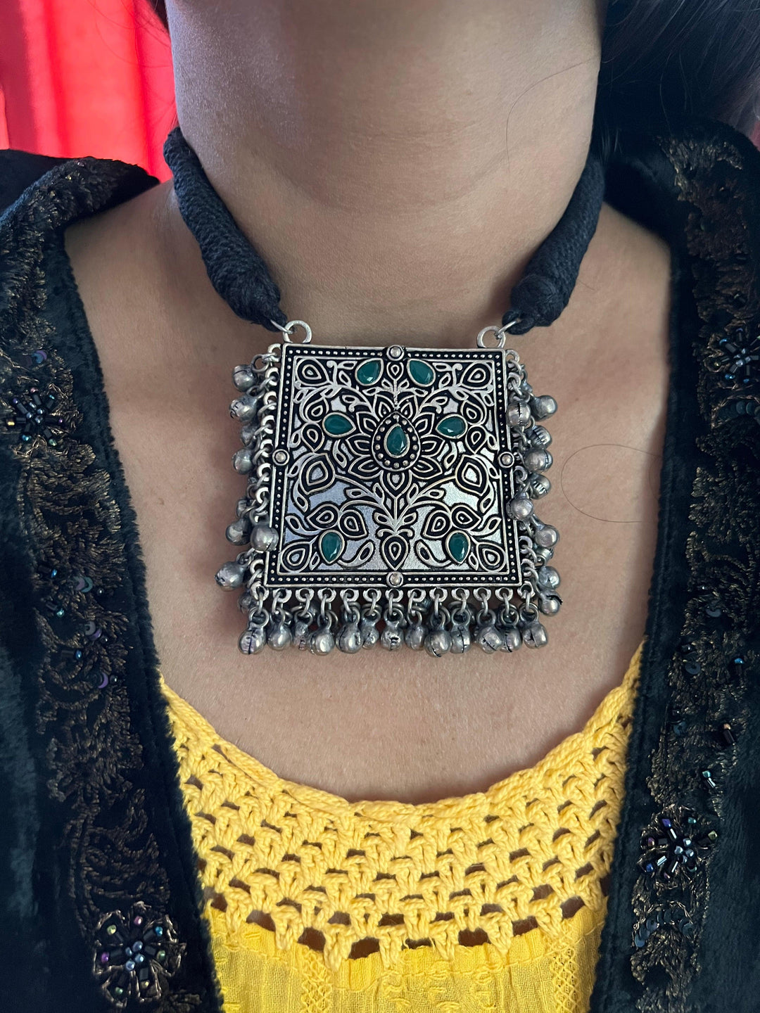 Green Ghungroo Pendant Necklace Set - SHIVKA