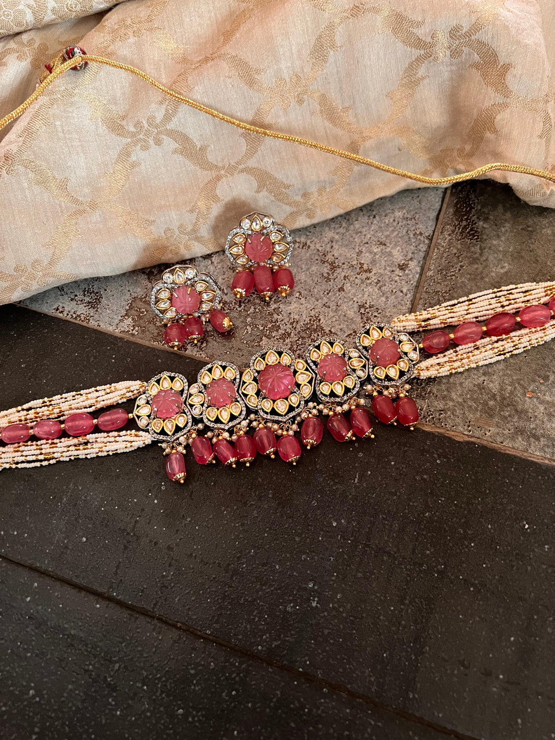 Pink Carved Stone Kundan Choker with Earrings - SHIVKA