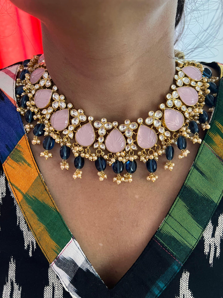 Pink Carved Stone Kundan Necklace with Earrings - SHIVKA