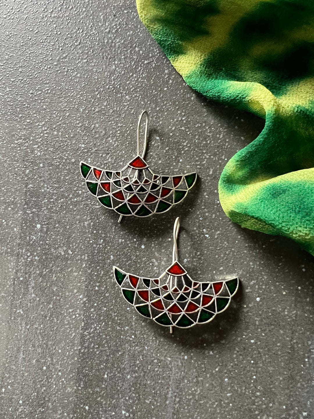 Red and Green Enamelled Brass Earrings