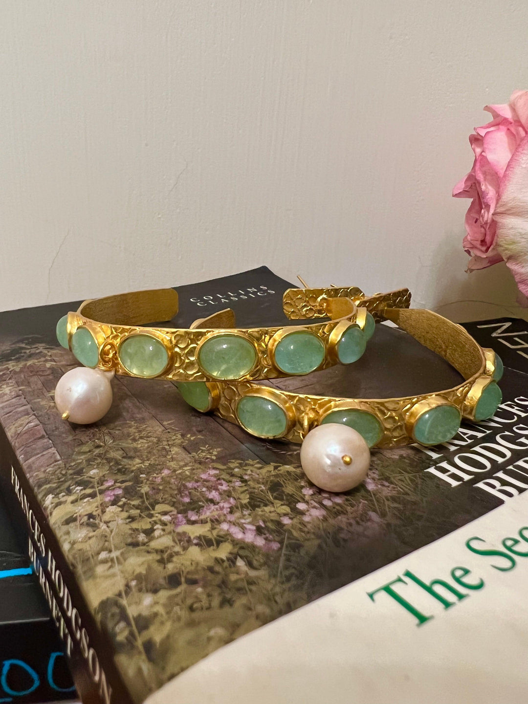 Natural Gemstones Pearl Drop Designer Hoops - SHIVKA