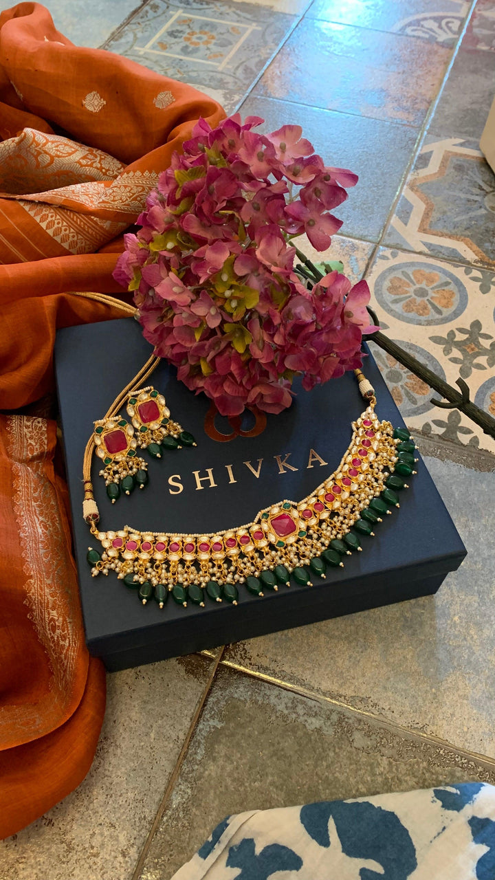 Pachi Kundan Wedding Collar Necklace with Earrings - SHIVKA