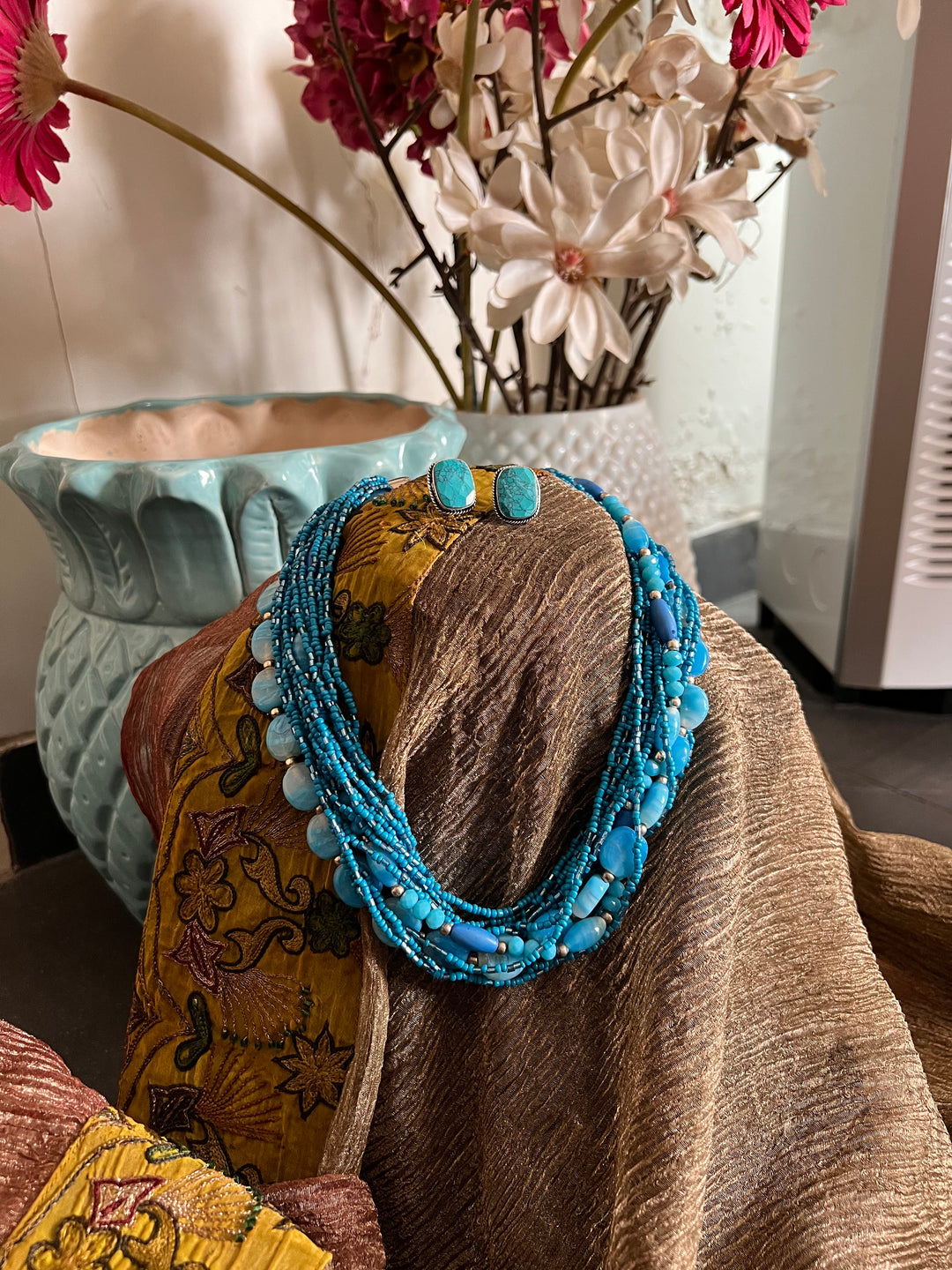 Blue Beaded Necklace with Turquoise Studs