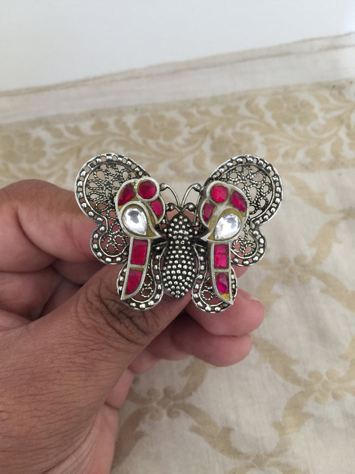 Kundan Butterfly  Pure 925 Silver Ring