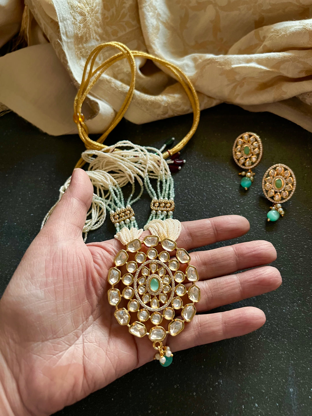Beautiful Sea Green Kundan Pendant Necklace with Stud Earrings