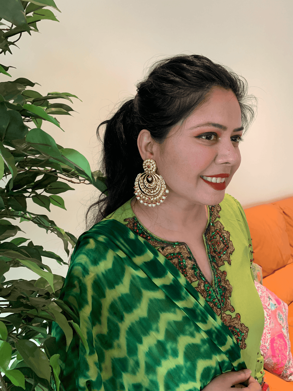 Red Gold Kundan Earrings - SHIVKA