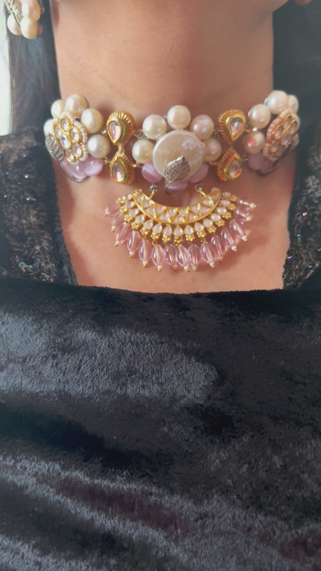 Designer Pearl and Quartz Choker with Studs