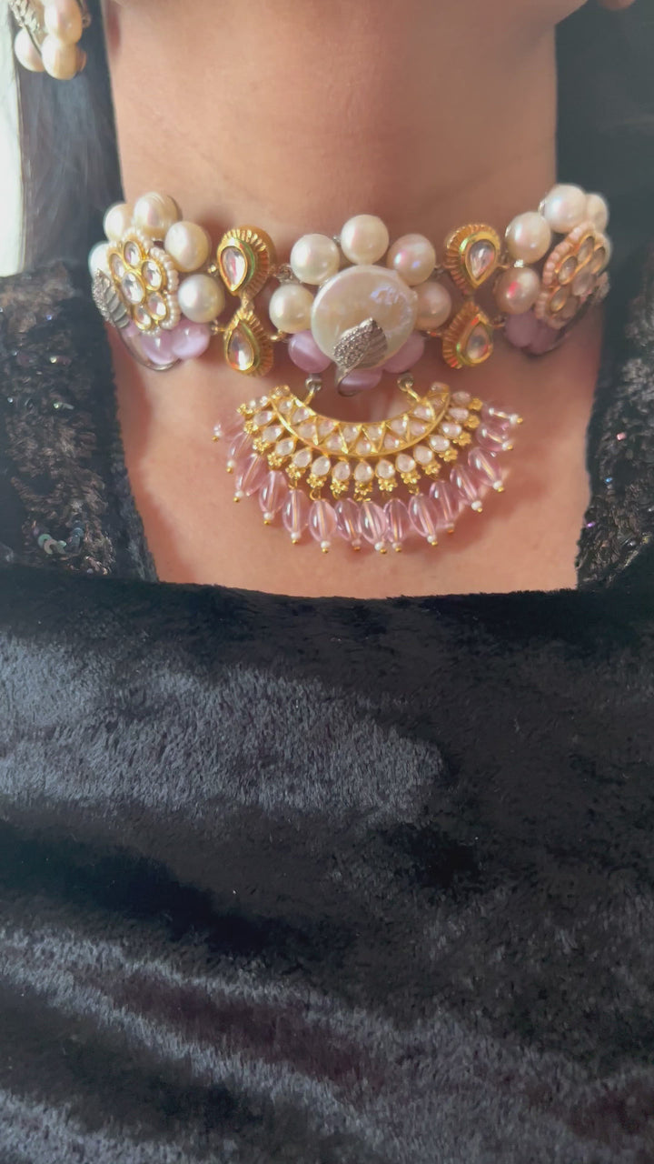 Designer Pearl and Quartz Choker with Studs