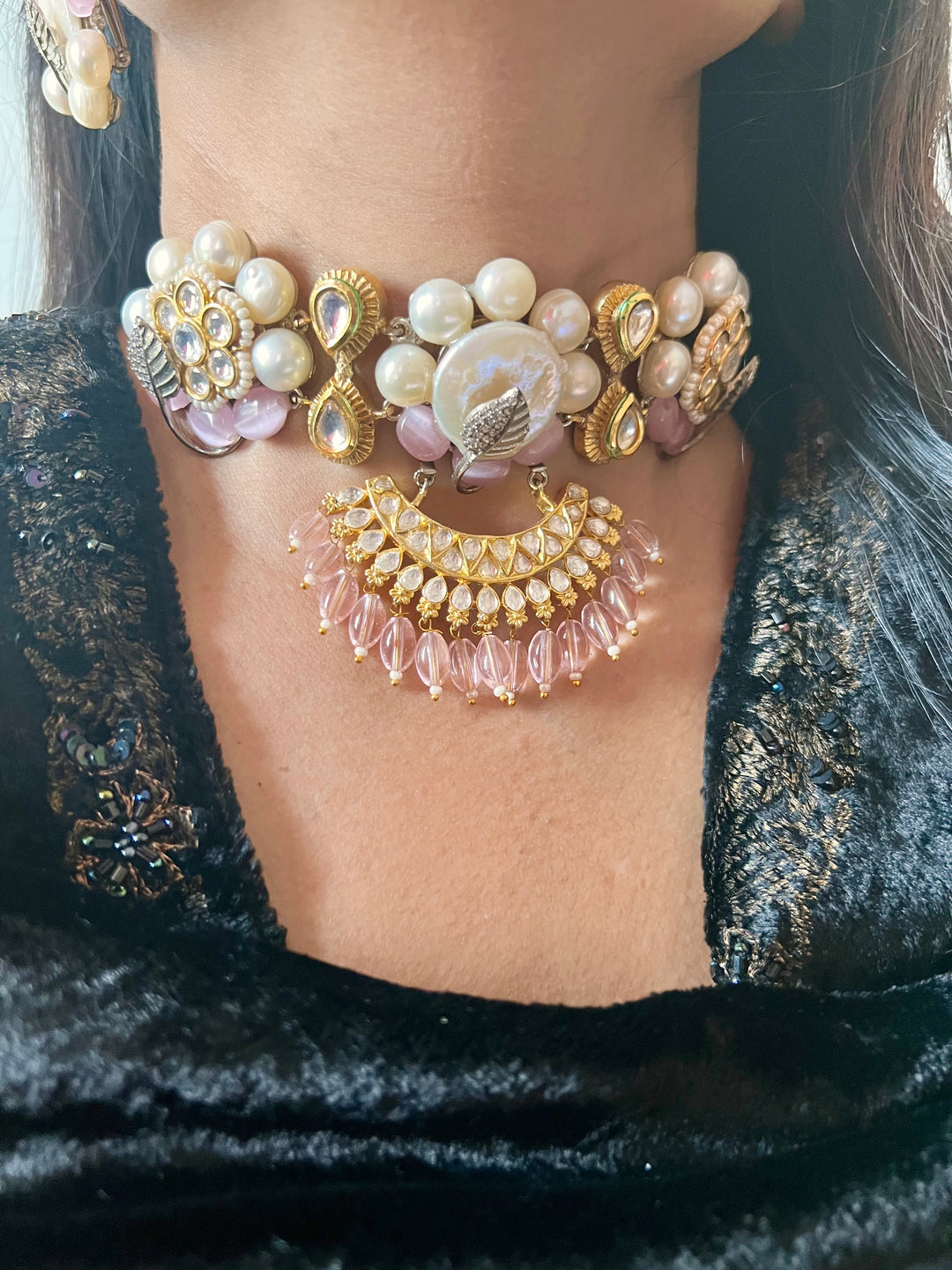 Designer Pearl and Quartz Choker with Studs