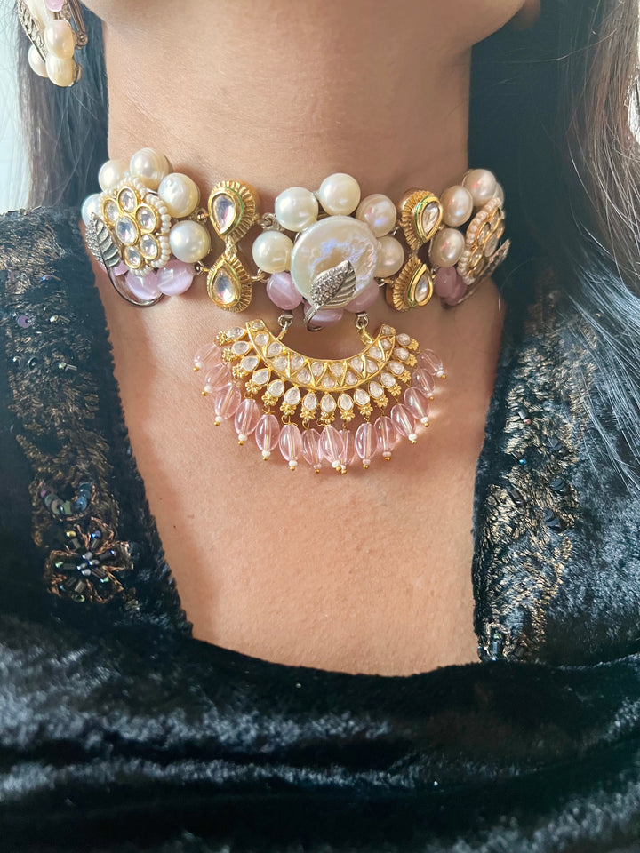 Designer Pearl and Quartz Choker with Studs