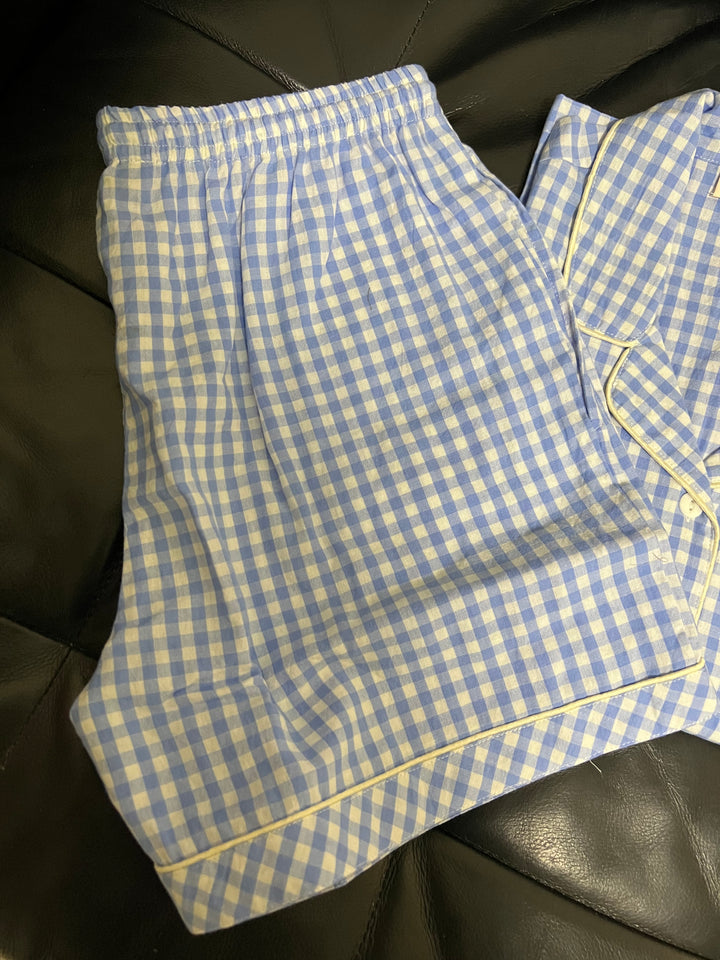Checkered Blue and White Cotton Night Suit - Set of Two