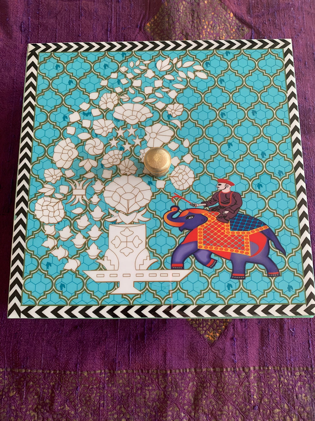 Blue Elephant Design Enamelled Box with Lid