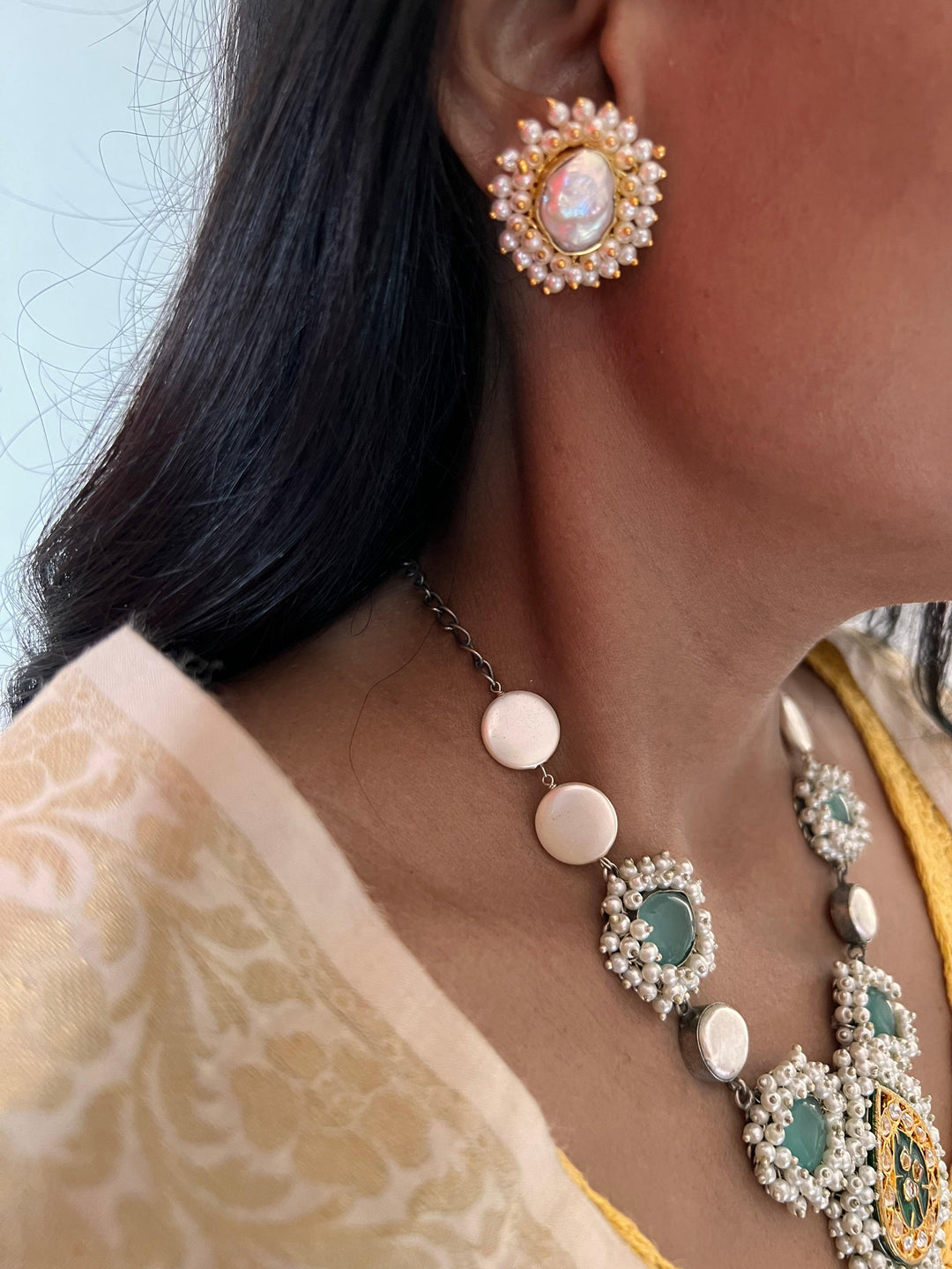 Statement Sea Green and Pearl Short Necklace with Baroque Studs - SHIVKA
