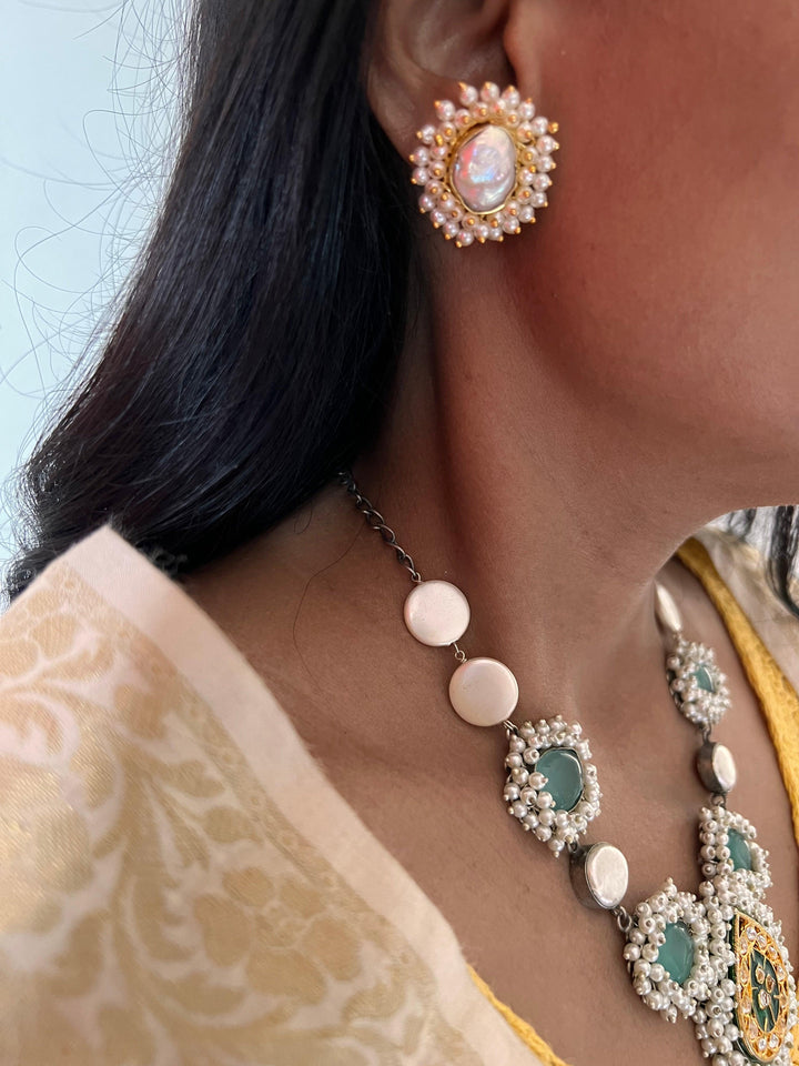 Statement Sea Green and Pearl Short Necklace with Baroque Studs - SHIVKA