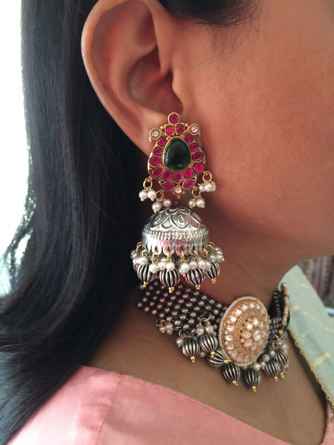 Designer Dual Tone Necklace with Kundan Earrings