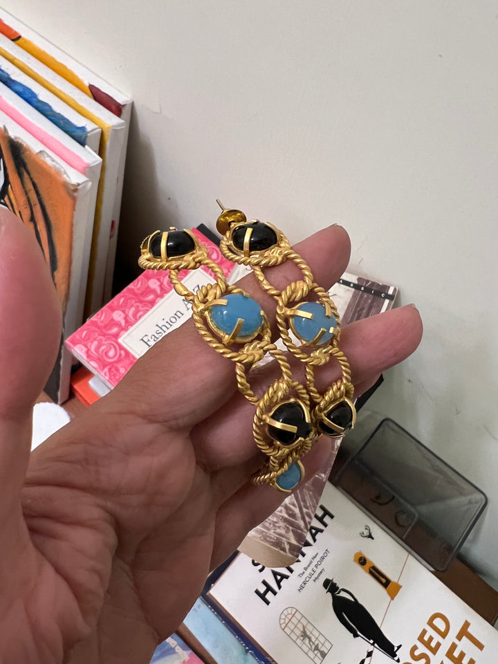 Designer Onyx and Chalcedony Hoops