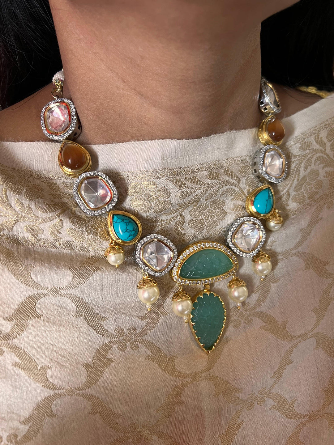 Scintillating Multicolored  Kundan Necklace with Statement Earrings - SHIVKA