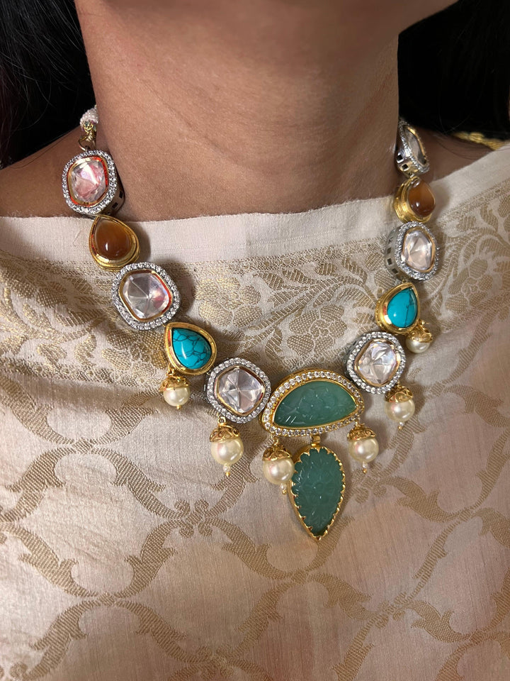 Scintillating Multicolored  Kundan Necklace with Statement Earrings - SHIVKA