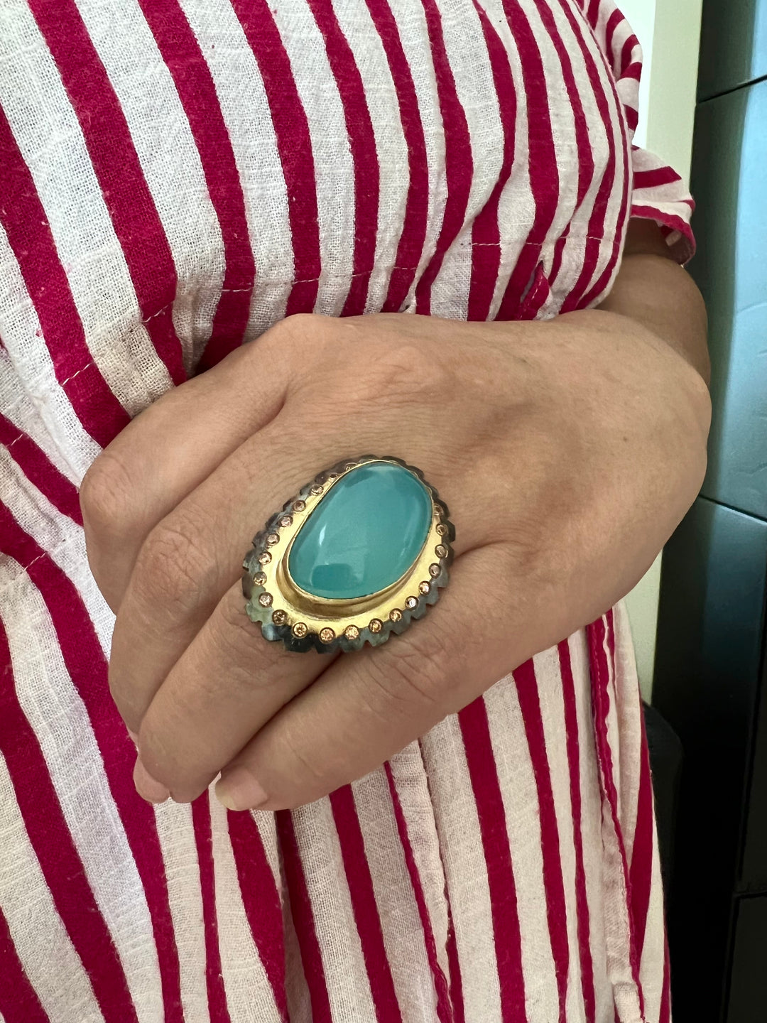 Natural Chalcedony Stone Adjustable Gold-Plated Ring | Statement Ring by SHIVKA