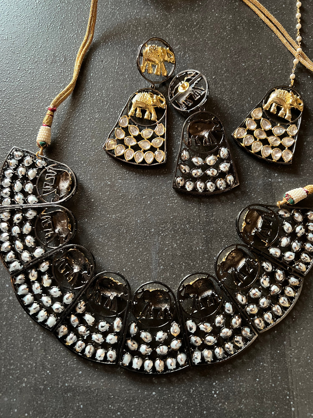 Statement Dual Tone Elephant Necklace with Earrings and Mangtikka